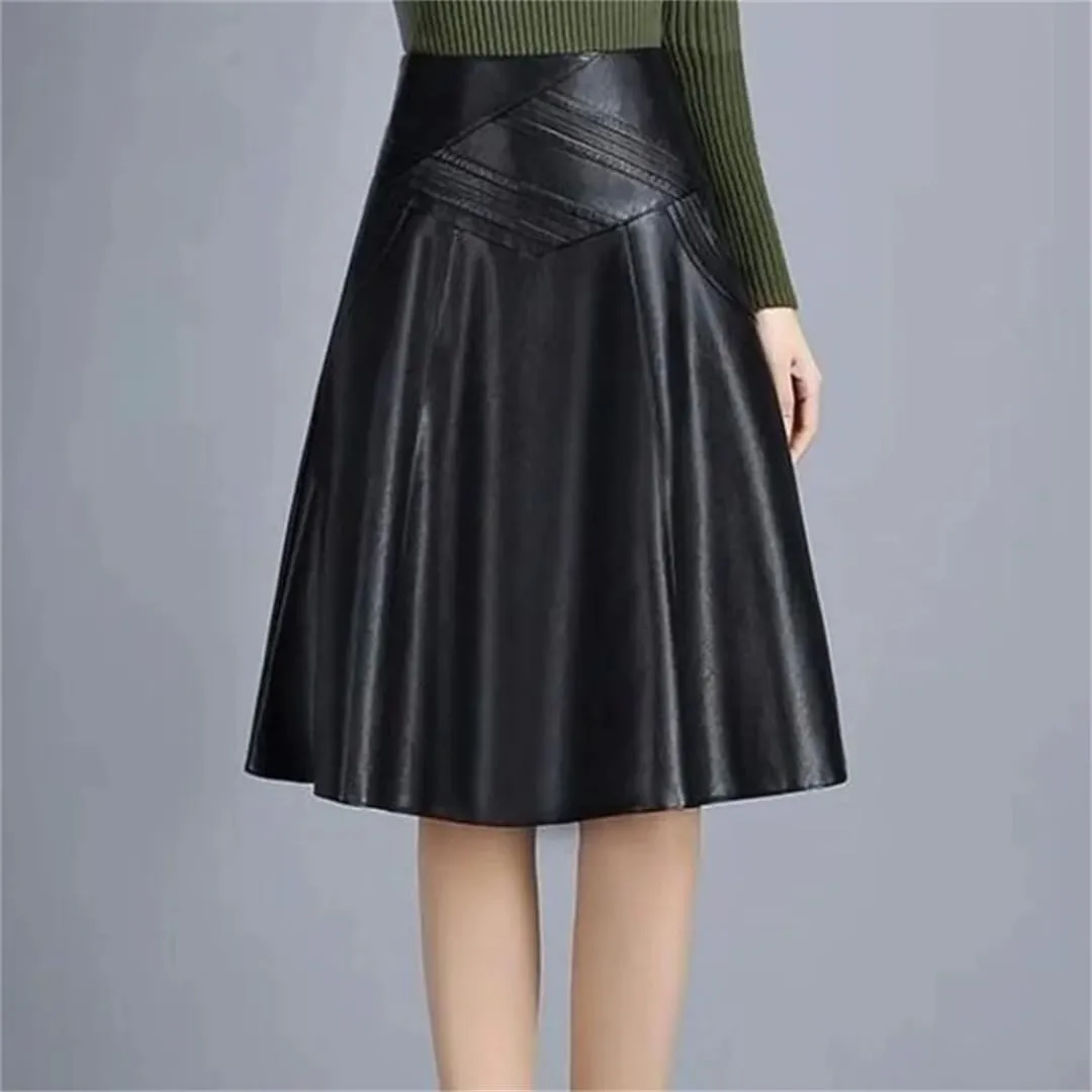 Women Leather Midi Skirt A-Line Large Size Over The Knee Mid-Length High-Waist Pleated Skirt Autumn Winter