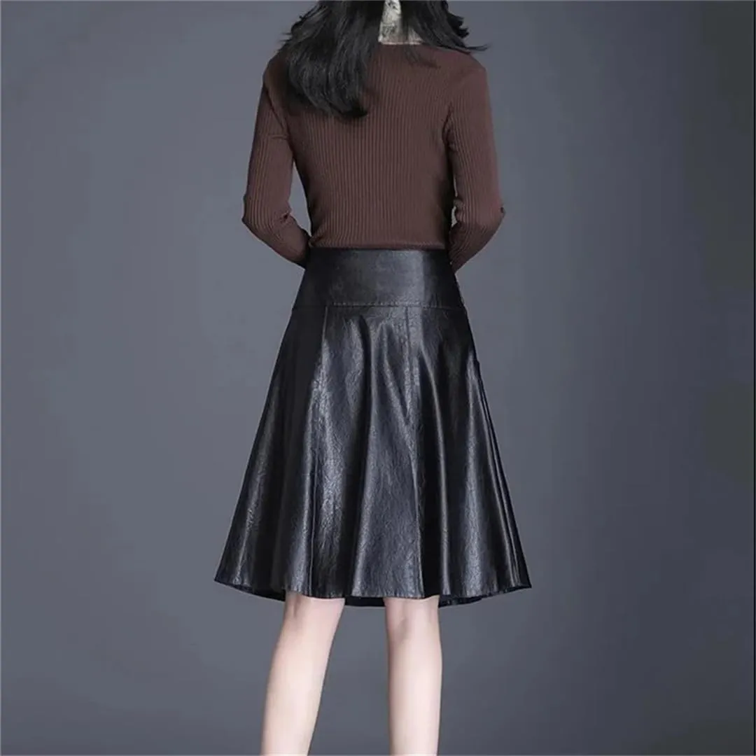 Women Leather Midi Skirt A-Line Large Size Over The Knee Mid-Length High-Waist Pleated Skirt Autumn Winter