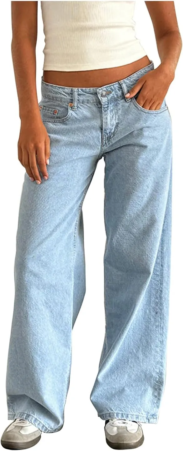 Women Low Waist Baggy Jeans Wide Leg Boyfriend Denim Pants Y2k Casual Vintage Trendy Loose Fit Trousers Streetwear