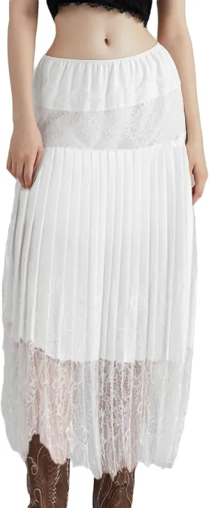Women Mesh Lace Long Skirt Elastic High Waist See Through Aline Midi Sheer Skirt Floral Lace Flowy Maxi Skirt