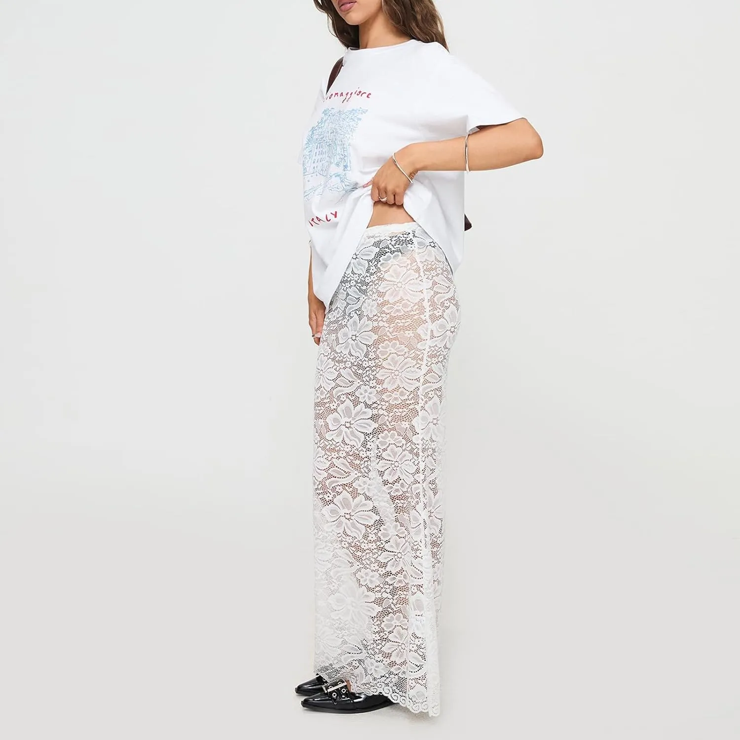 Women Mesh Lace Long Skirt Elastic High Waist See Through Aline Midi Sheer Skirt Floral Lace Flowy Maxi Skirt