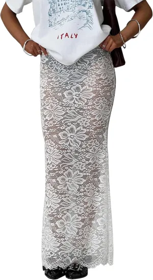 Women Mesh Lace Long Skirt Elastic High Waist See Through Aline Midi Sheer Skirt Floral Lace Flowy Maxi Skirt