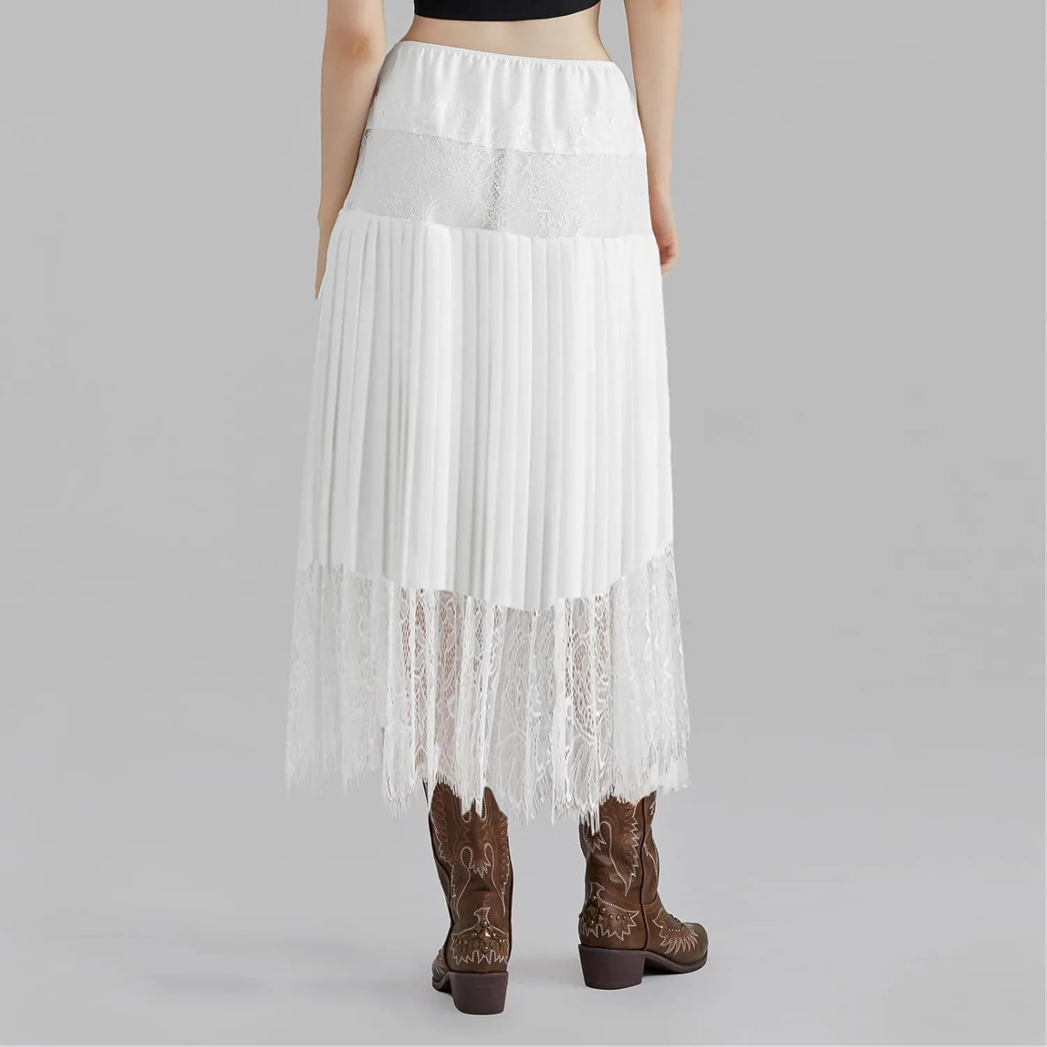 Women Mesh Lace Long Skirt Elastic High Waist See Through Aline Midi Sheer Skirt Floral Lace Flowy Maxi Skirt