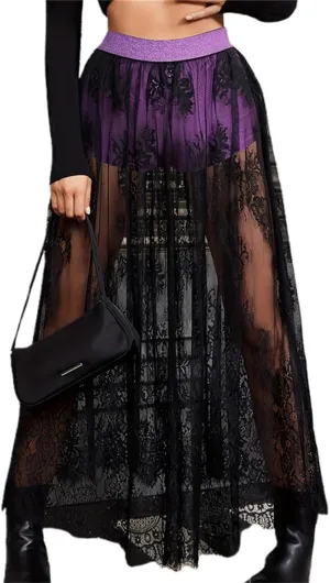 Women Mesh Lace Long Skirt Elastic High Waist See Through Aline Midi Sheer Skirt Floral Lace Flowy Maxi Skirt