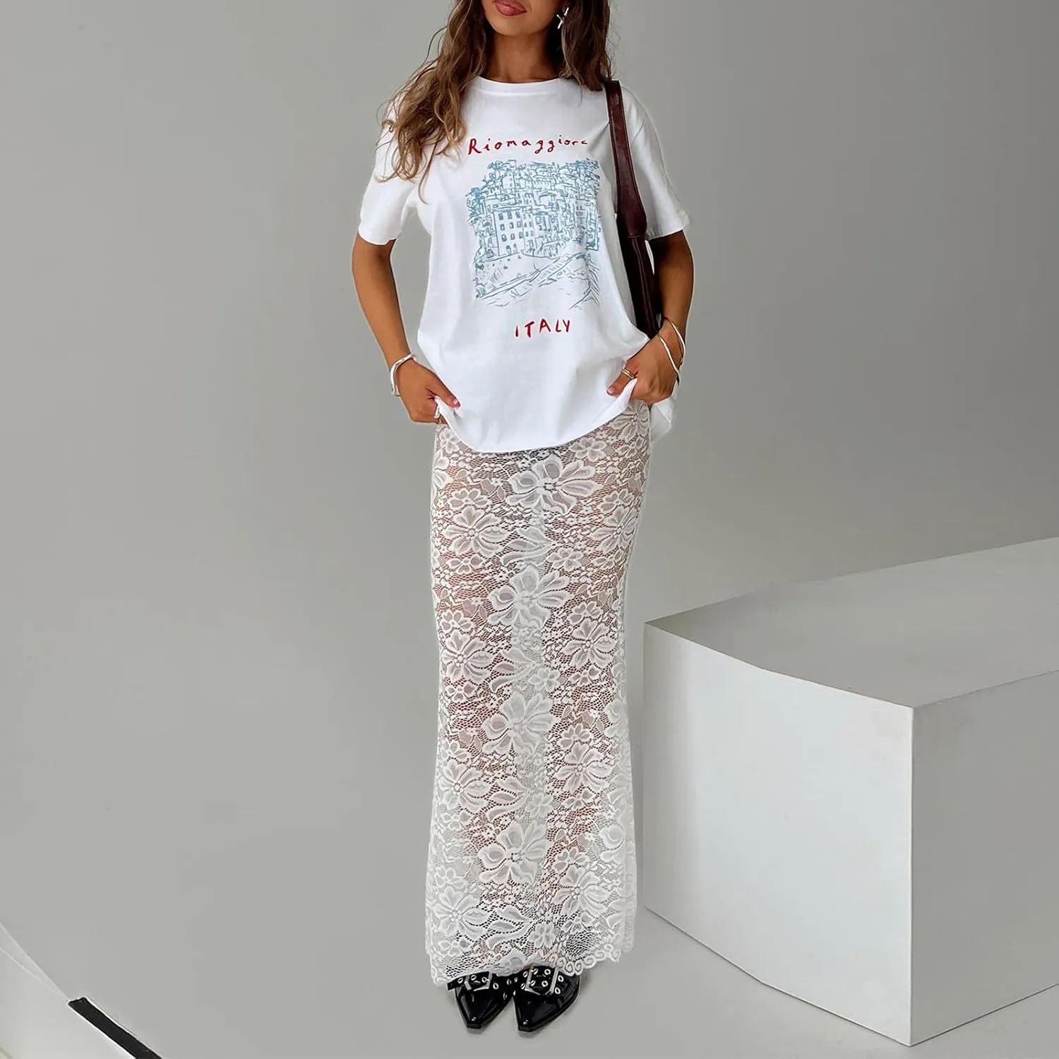 Women Mesh Lace Long Skirt Elastic High Waist See Through Aline Midi Sheer Skirt Floral Lace Flowy Maxi Skirt