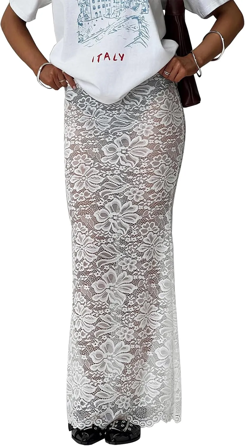 Women Mesh Lace Long Skirt Elastic High Waist See Through Aline Midi Sheer Skirt Floral Lace Flowy Maxi Skirt