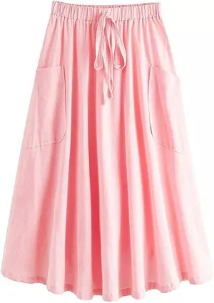 Women Midi Skirt Baggy Drawstring Mid Rise Parachute Skirt, Casual High Waist Pleated A-Line Midi Skirt with Pocket