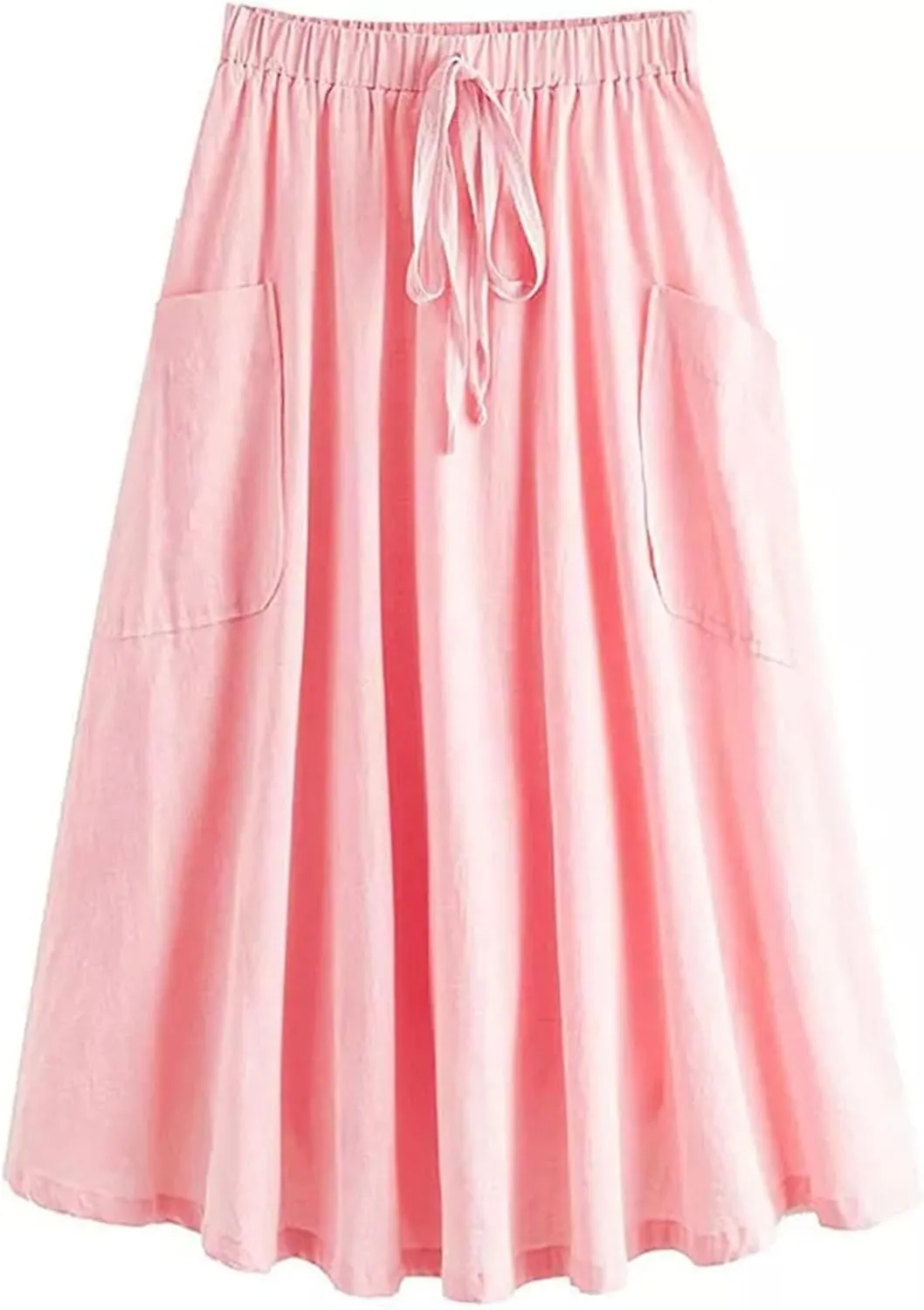 Women Midi Skirt Baggy Drawstring Mid Rise Parachute Skirt, Casual High Waist Pleated A-Line Midi Skirt with Pocket