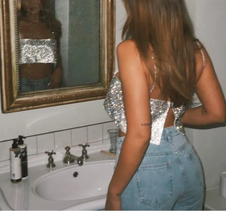 Women Sexy Gothic Crop Top Backless Bling Metallic Sequin Shiny Cute Tank Top Vest Rhinestone Night Club Party Summer Camisole