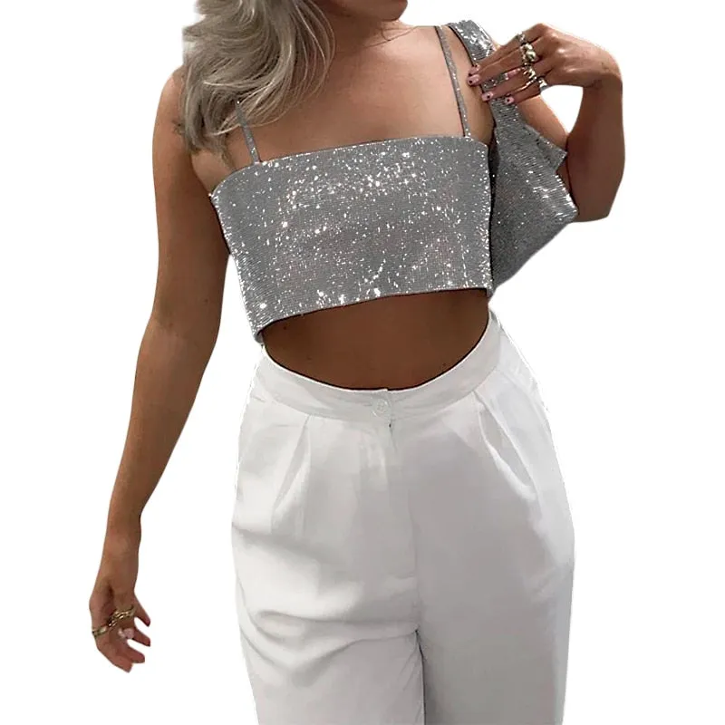 Women Sexy Gothic Crop Top Backless Bling Metallic Sequin Shiny Cute Tank Top Vest Rhinestone Night Club Party Summer Camisole