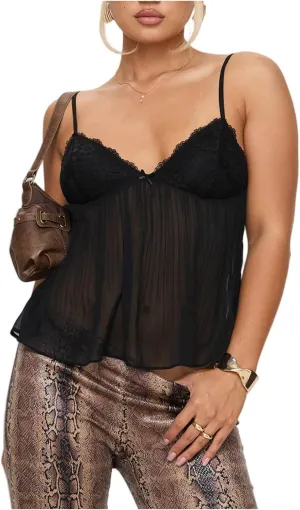 Women Sexy Y2k Lace Trim Camisole Spaghetti Strap Sheer Mesh Tank Top V-Neck Pleated Camisole Streetwear