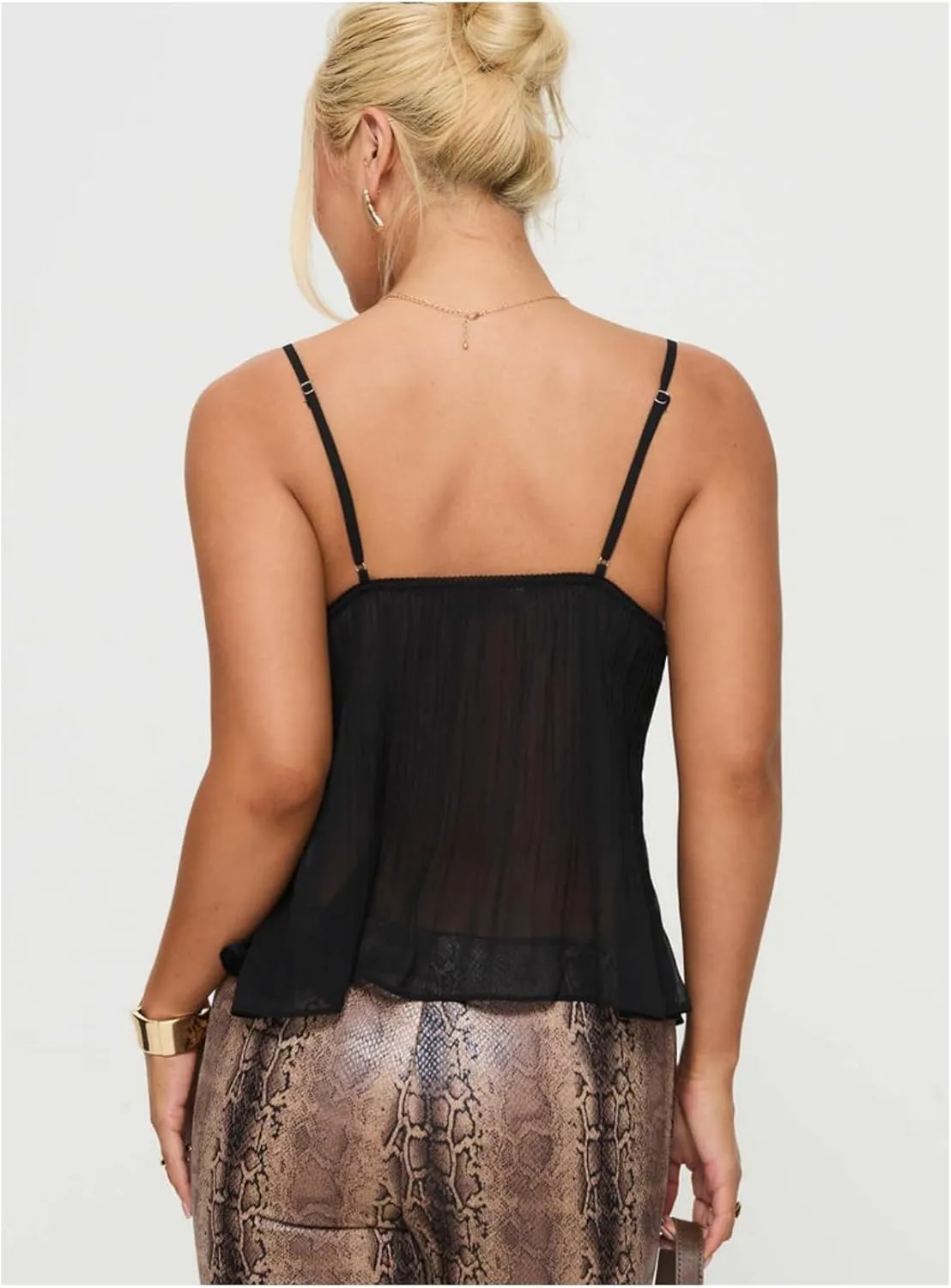Women Sexy Y2k Lace Trim Camisole Spaghetti Strap Sheer Mesh Tank Top V-Neck Pleated Camisole Streetwear