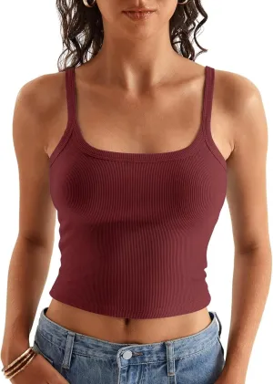 Women Spaghetti Strap Crop Tops Summer Ribbed Tank Tops Scoop Neck Camisole Sleeveless Slim Fit Cami 2024