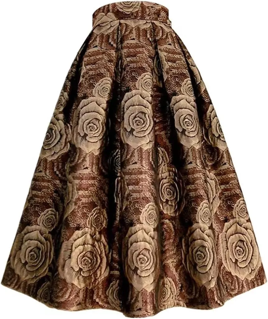 Women Spring Autumn Rose Embroidery High Waist Pleated Long Puffy Midi Skirt Party