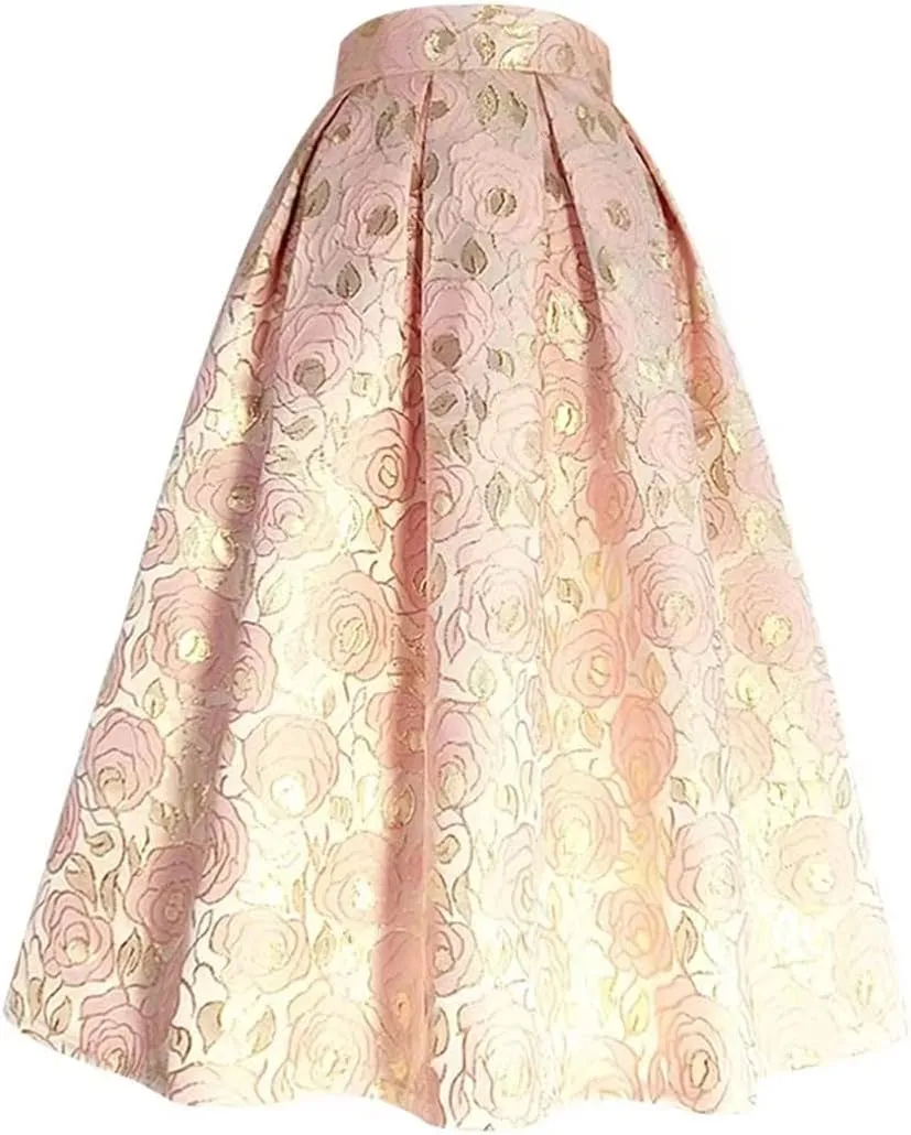 Women Spring Autumn Rose Floral High Waist Pleated Long Puffy Midi Maxi Skirt Party