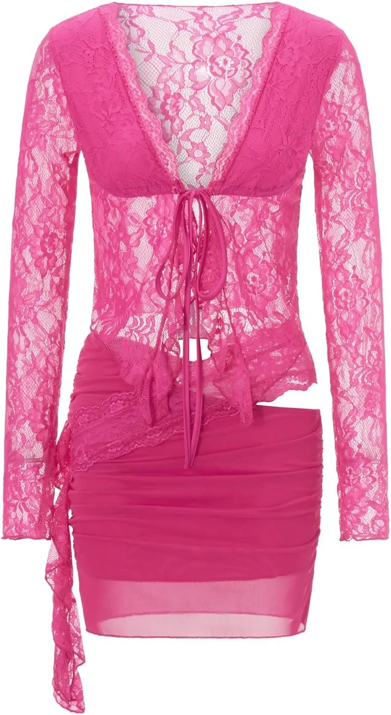 Women Summer 2 Piece Outfits Floral Lace Open Front Tie-Up Long Sleeve Ruffles Tops and Mini Skirt Set