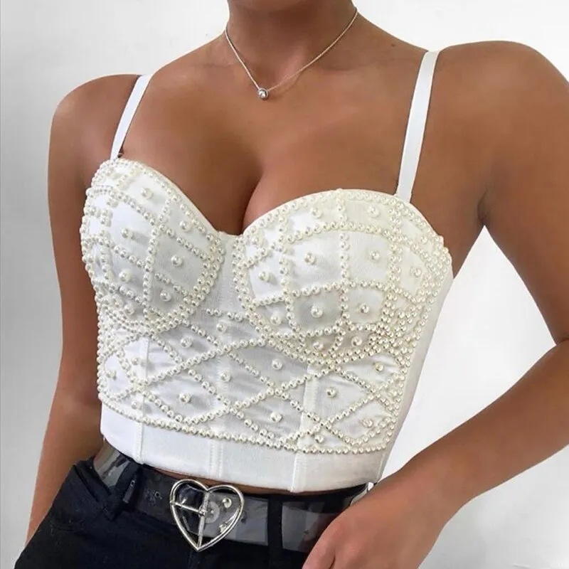 Women Summer Fashion Sexy Strap Beading White Black Ladies Top 2022 Celebrity Designer High Street Camis High Street