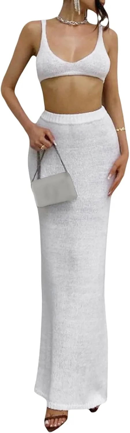 Women Summer Knit Skirts Outfits Solid Color Low-Cut Sleeveless Backless Cami Tops Long Skirt 2 Pieces Clothes Set Streetwear