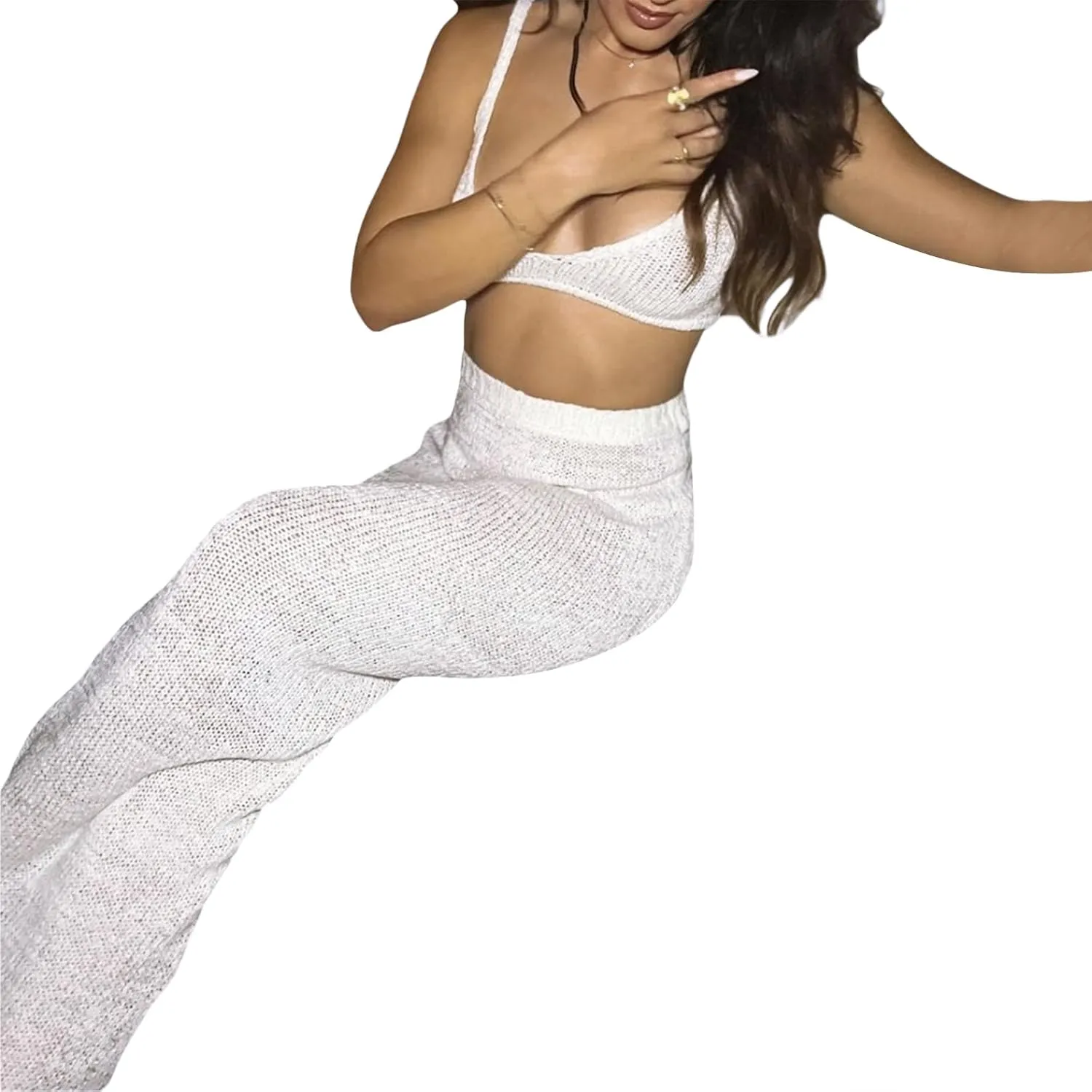 Women Summer Knit Skirts Outfits Solid Color Low-Cut Sleeveless Backless Cami Tops Long Skirt 2 Pieces Clothes Set Streetwear