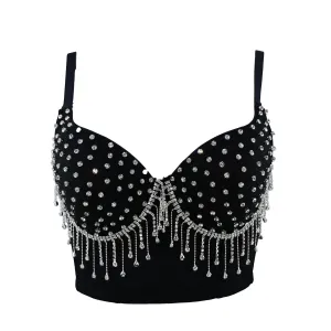 Women Summer Style Sexy Designer Crystal Diamonds Tassel Black White Cotton Camisole Tops 2021 High Street Short Camis Crop Tops
