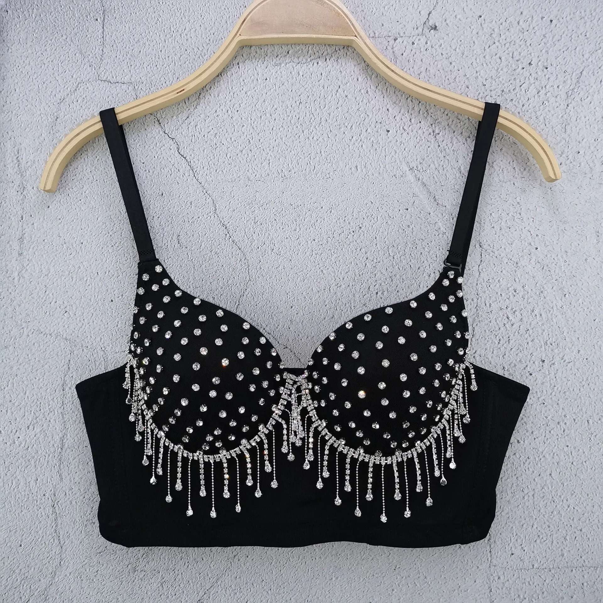 Women Summer Style Sexy Designer Crystal Diamonds Tassel Black White Cotton Camisole Tops 2021 High Street Short Camis Crop Tops