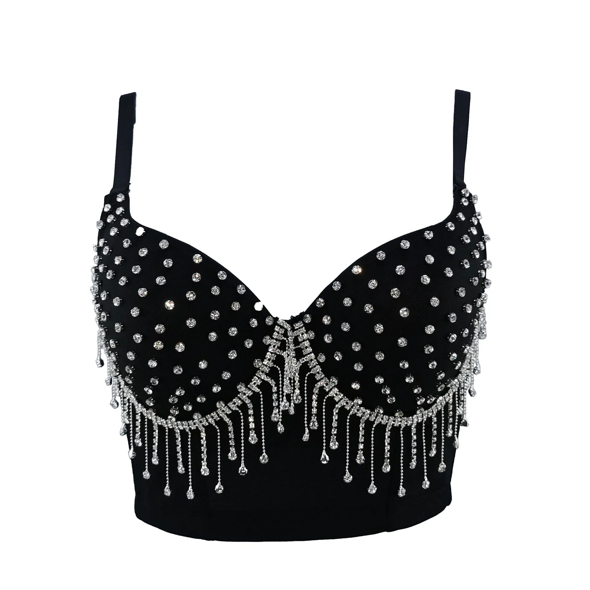 Women Summer Style Sexy Designer Crystal Diamonds Tassel Black White Cotton Camisole Tops 2021 High Street Short Camis Crop Tops