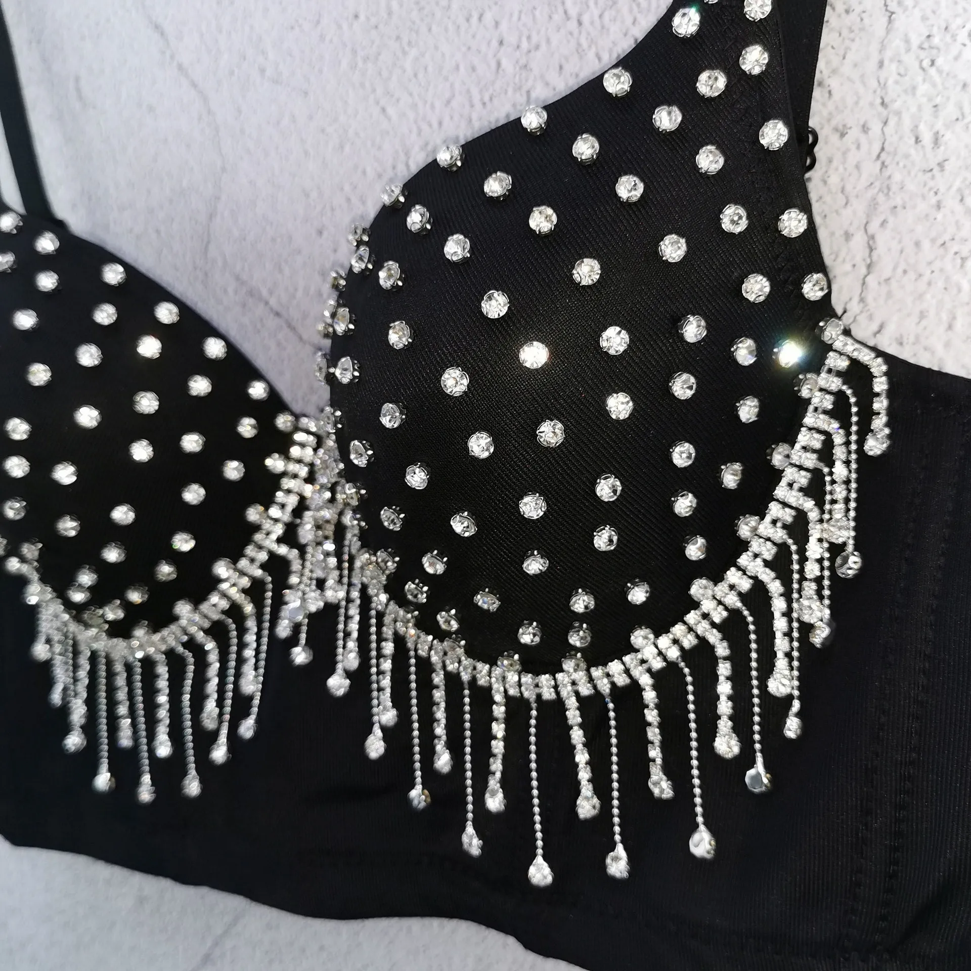 Women Summer Style Sexy Designer Crystal Diamonds Tassel Black White Cotton Camisole Tops 2021 High Street Short Camis Crop Tops