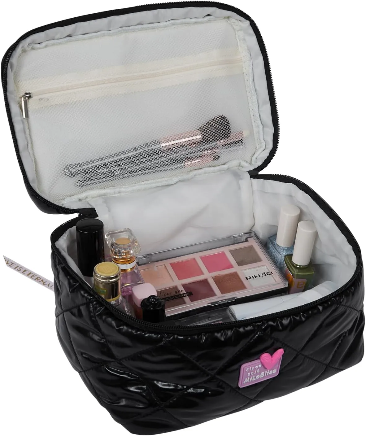 Women Trendy Large Square Quilted Puffy Makeup Bag, Aesthetic Checkered Travel Cosmetic Bag Skincare Beauty Toiletry Bag for Teen Girls (Blakc)