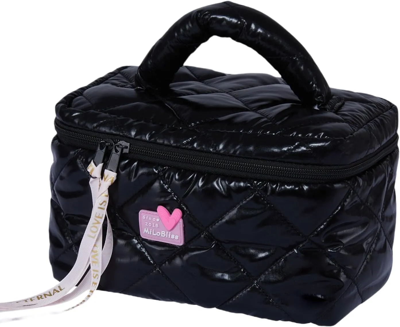 Women Trendy Large Square Quilted Puffy Makeup Bag, Aesthetic Checkered Travel Cosmetic Bag Skincare Beauty Toiletry Bag for Teen Girls (Blakc)