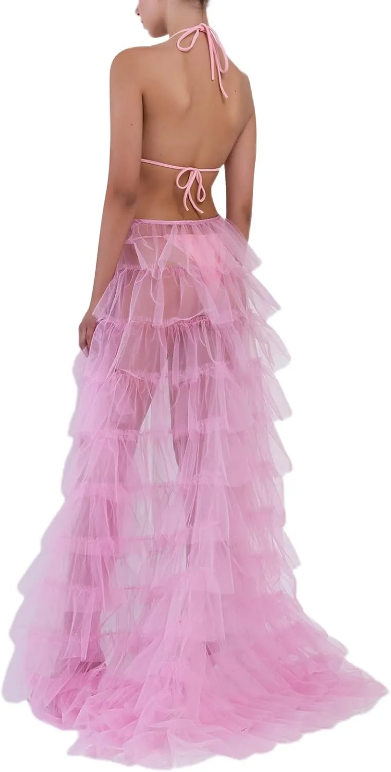Women Tulle Maxi Skirt Sexy Sheer Mesh High Low Waist Irregular Long Skirts Cocktail Party Club Split Skirt