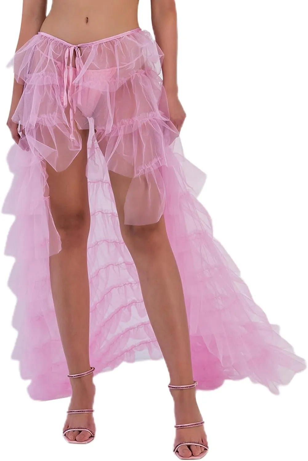 Women Tulle Maxi Skirt Sexy Sheer Mesh High Low Waist Irregular Long Skirts Cocktail Party Club Split Skirt