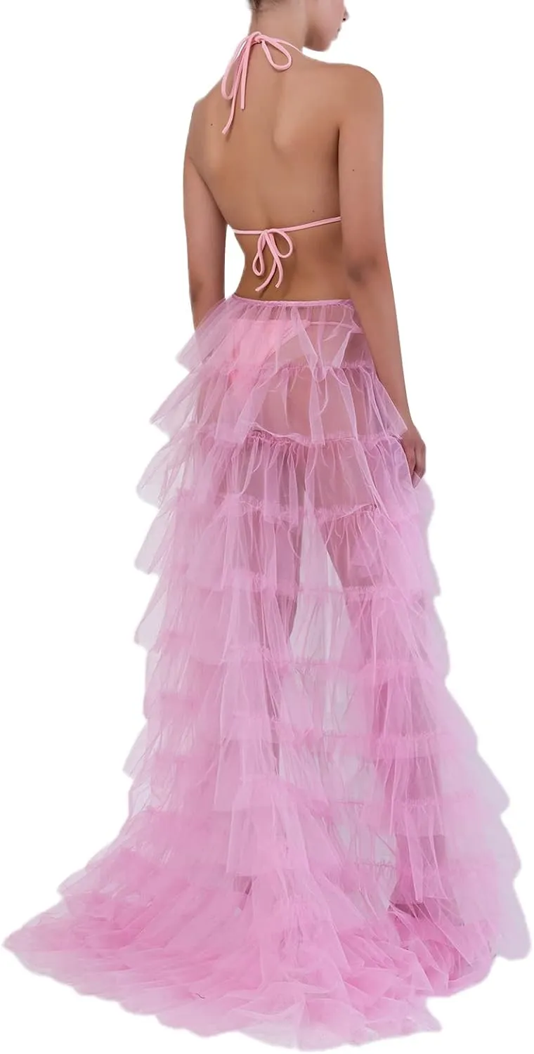 Women Tulle Maxi Skirt Sexy Sheer Mesh High Low Waist Irregular Long Skirts Cocktail Party Club Split Skirt