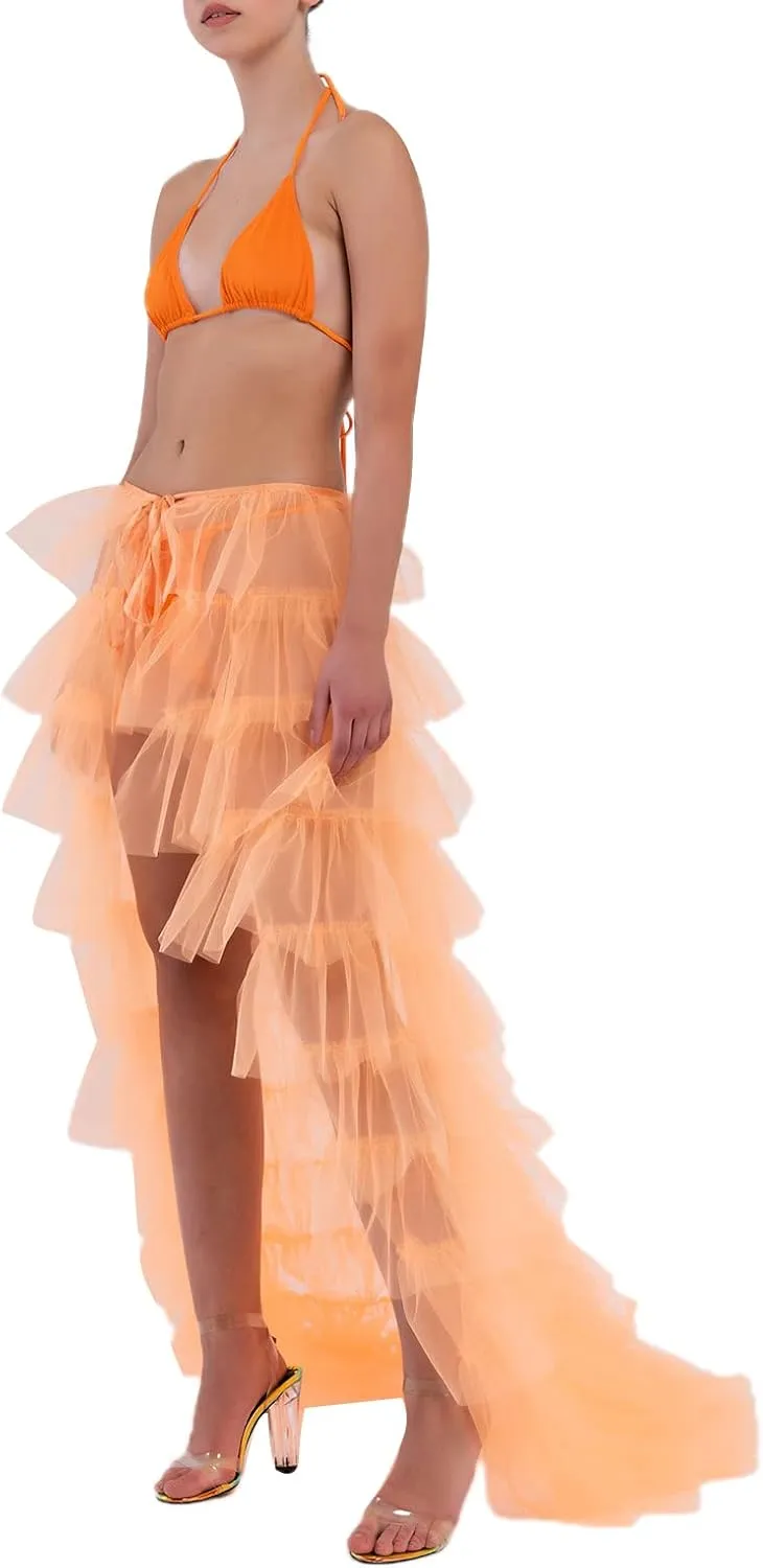Women Tulle Maxi Skirt Sexy Sheer Mesh High Low Waist Irregular Long Skirts Cocktail Party Club Split Skirt