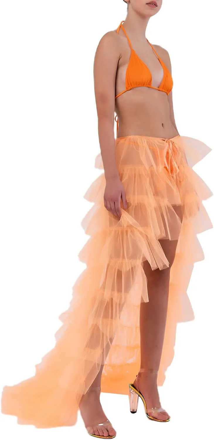 Women Tulle Maxi Skirt Sexy Sheer Mesh High Low Waist Irregular Long Skirts Cocktail Party Club Split Skirt