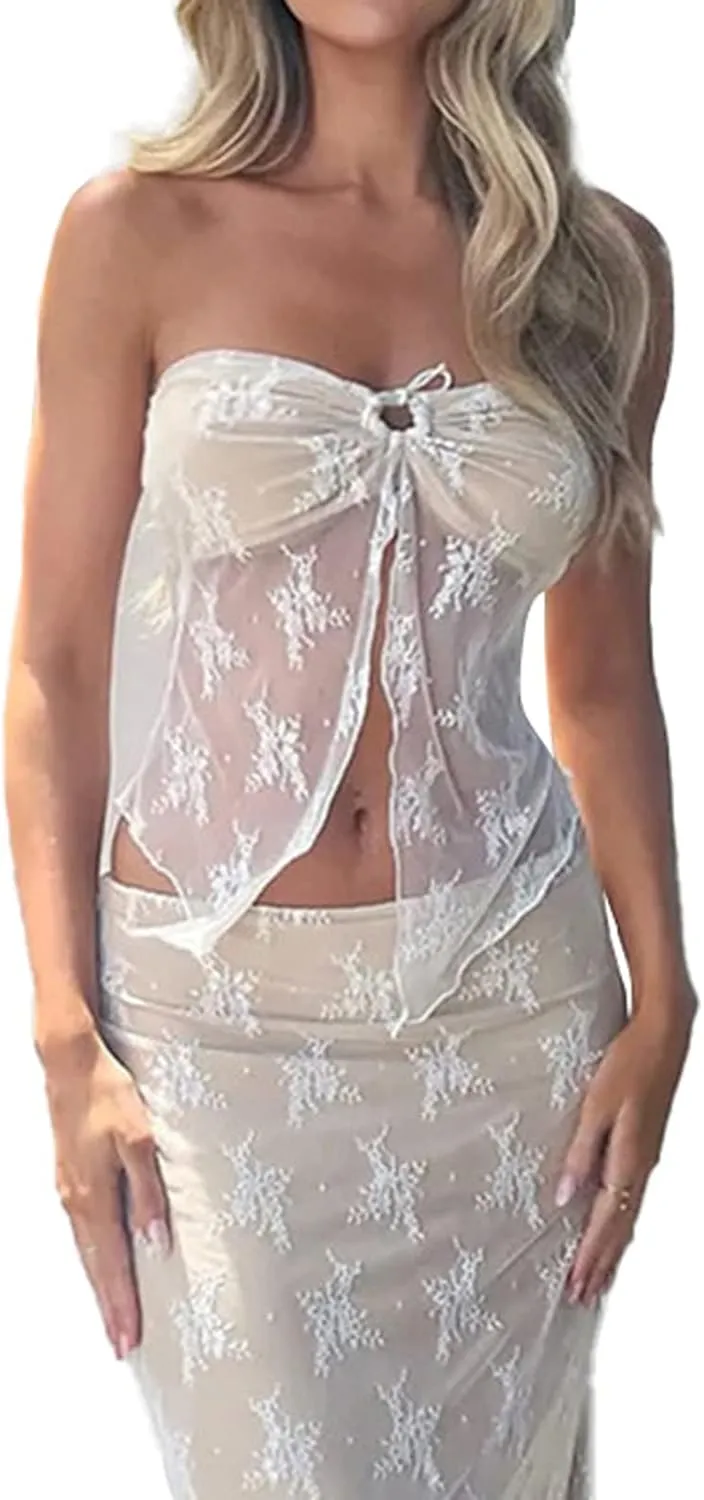 Women Vintage Lace Maxi Skirt Set 2 Piece Outfit Strapless Split Tube Top Bodycon Maxi Skirt Set Going Out Outfit
