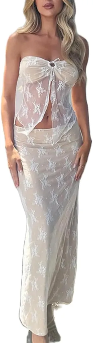Women Vintage Lace Maxi Skirt Set 2 Piece Outfit Strapless Split Tube Top Bodycon Maxi Skirt Set Going Out Outfit