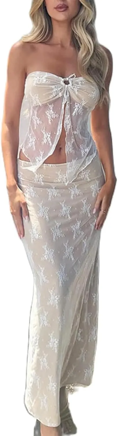 Women Vintage Lace Maxi Skirt Set 2 Piece Outfit Strapless Split Tube Top Bodycon Maxi Skirt Set Going Out Outfit