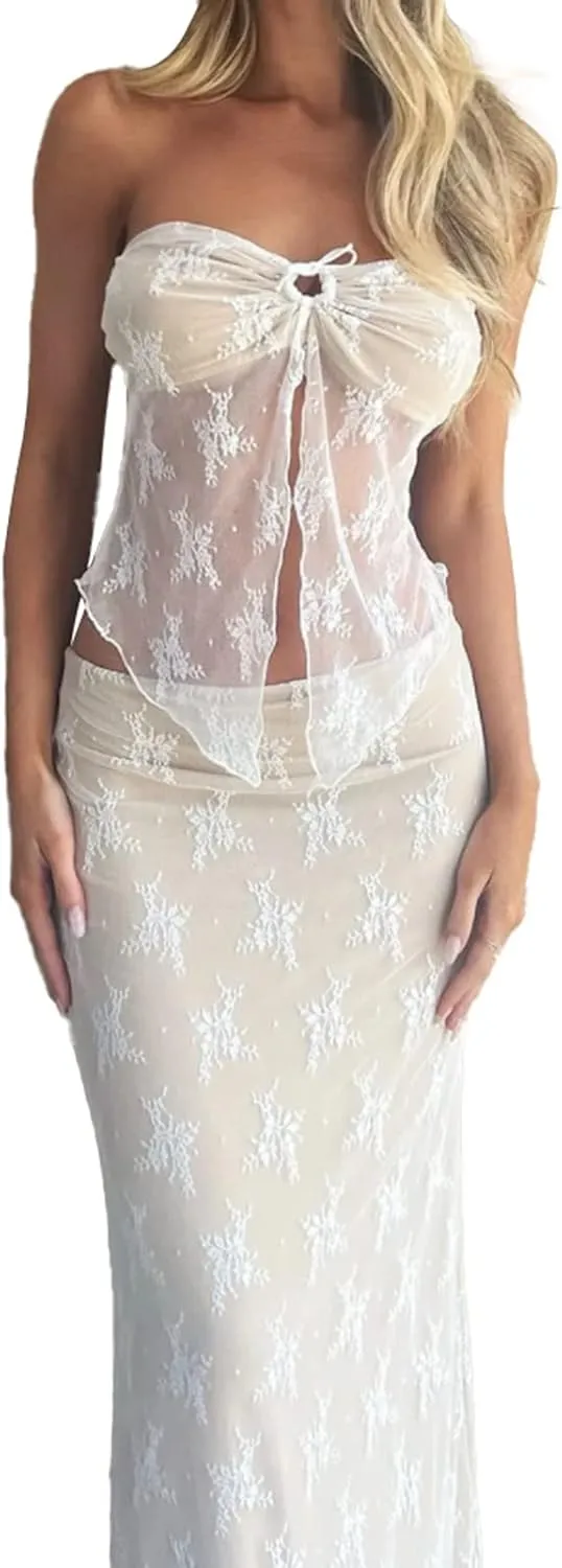 Women Vintage Lace Maxi Skirt Set 2 Piece Outfit Strapless Split Tube Top Bodycon Maxi Skirt Set Going Out Outfit