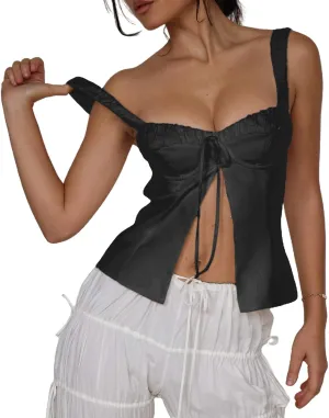 Women Vintage Lace Trim Camisole Spaghetti Strap Slim Fit Camis Low Cut Backless Tank Top Y2K Streetwear