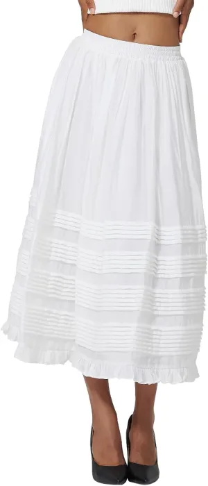 Women White Maxi Boho Skirt with Pockets Elastic Waist Pleated A Line Flowy Swing Skirt Dress with Liner