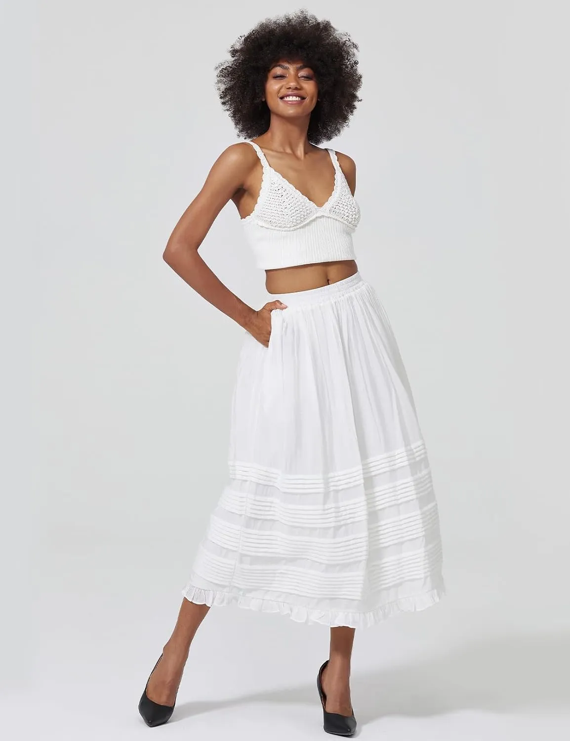 Women White Maxi Boho Skirt with Pockets Elastic Waist Pleated A Line Flowy Swing Skirt Dress with Liner