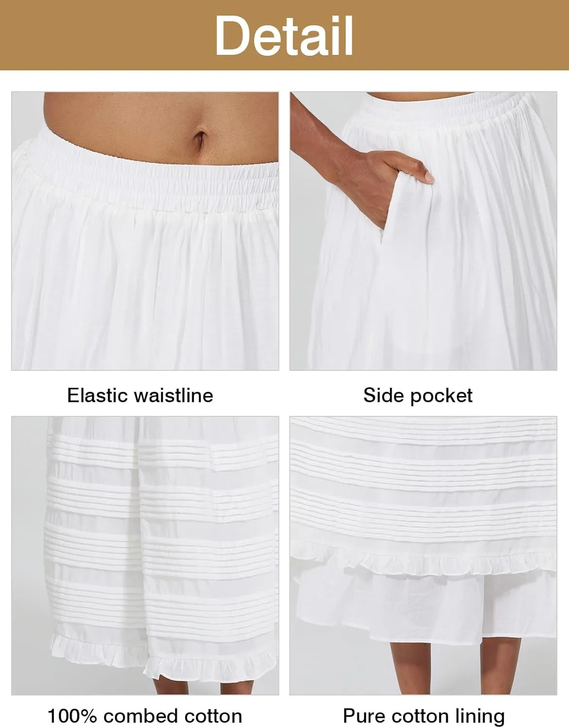 Women White Maxi Boho Skirt with Pockets Elastic Waist Pleated A Line Flowy Swing Skirt Dress with Liner