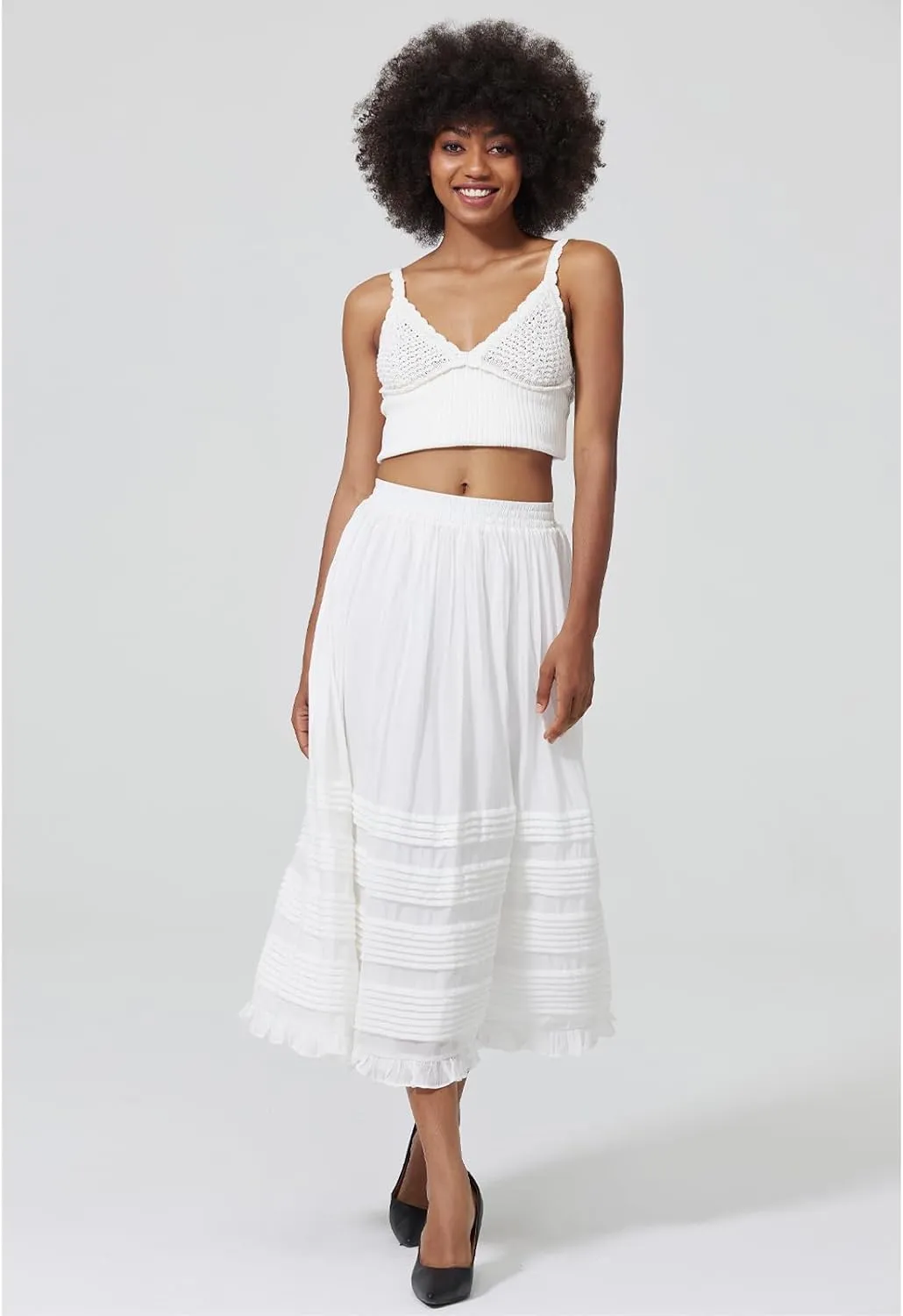 Women White Maxi Boho Skirt with Pockets Elastic Waist Pleated A Line Flowy Swing Skirt Dress with Liner