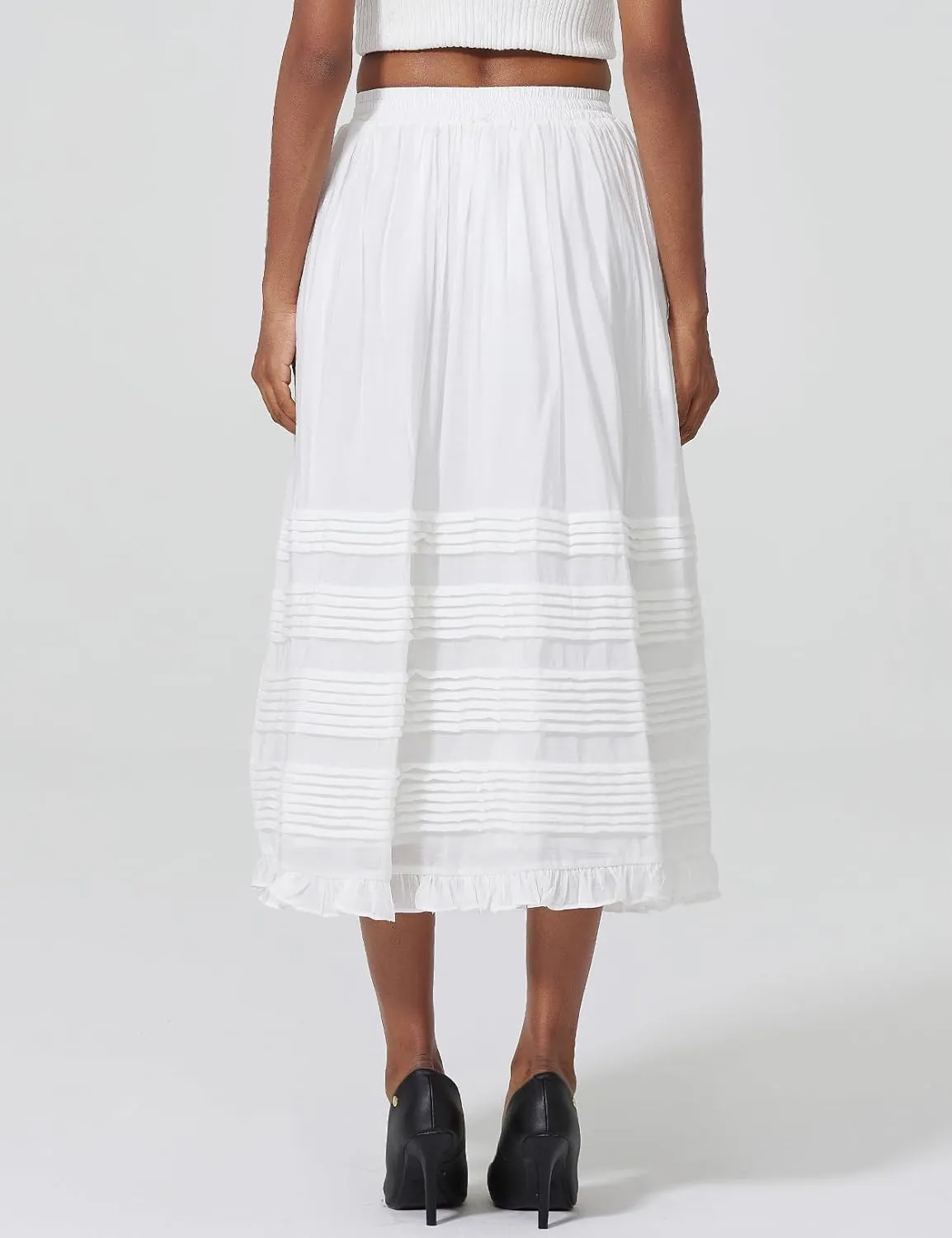 Women White Maxi Boho Skirt with Pockets Elastic Waist Pleated A Line Flowy Swing Skirt Dress with Liner