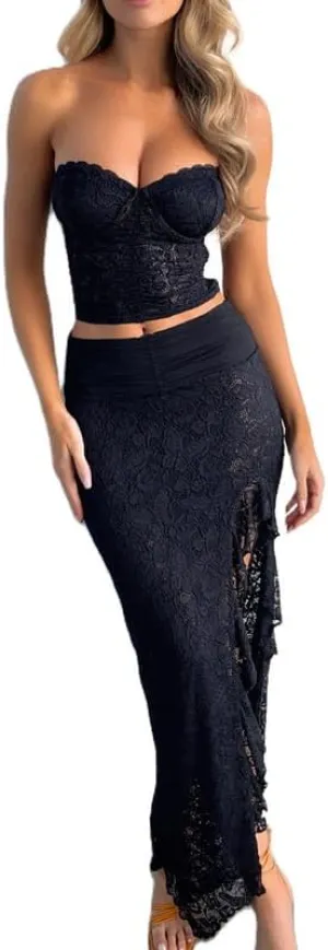 Women Y2K 2 Piece Long Skirt Set V Neck Halter Crop Top Off Shoulder Slim Fit Tube Top Split Maxi Skirts Outfit