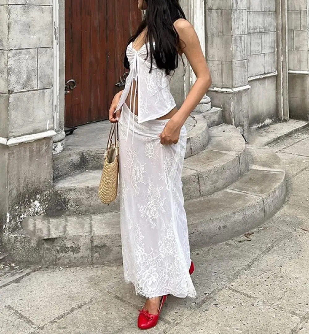 Women Y2K 2 Piece Long Skirt Set V Neck Halter Crop Top Off Shoulder Slim Fit Tube Top Split Maxi Skirts Outfit