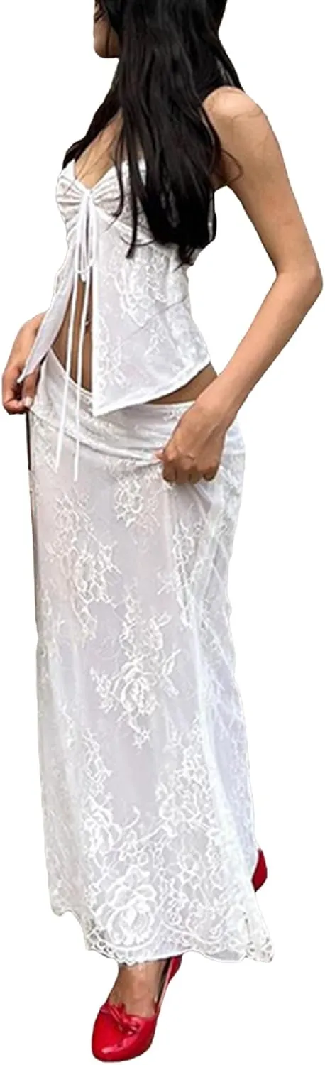 Women Y2K 2 Piece Long Skirt Set V Neck Halter Crop Top Off Shoulder Slim Fit Tube Top Split Maxi Skirts Outfit