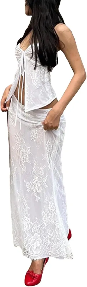 Women Y2K 2 Piece Long Skirt Set V Neck Halter Crop Top Off Shoulder Slim Fit Tube Top Split Maxi Skirts Outfit