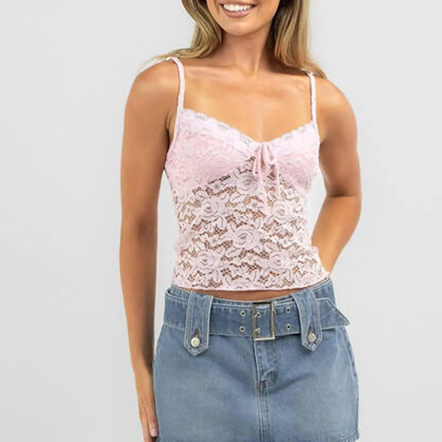 Women Y2k Lace Trim Camisole Spaghetti Strap V Neck Frilly Crop Tops Bow Front Slim Fit Cami Tank Top Streetwear
