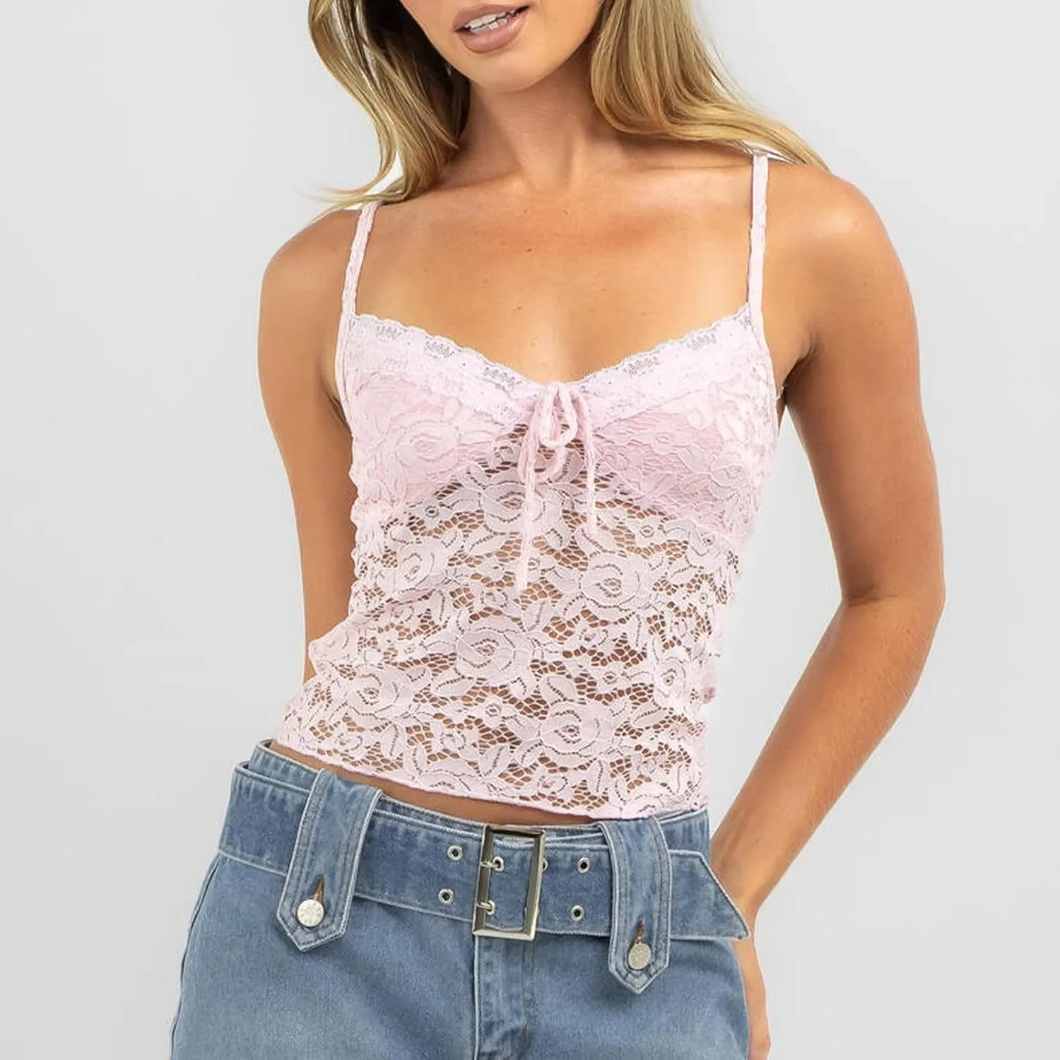 Women Y2k Lace Trim Camisole Spaghetti Strap V Neck Frilly Crop Tops Bow Front Slim Fit Cami Tank Top Streetwear